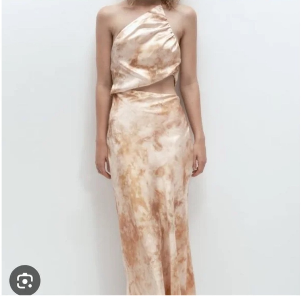 Zara One-Shoulder Cream and Brown Dress